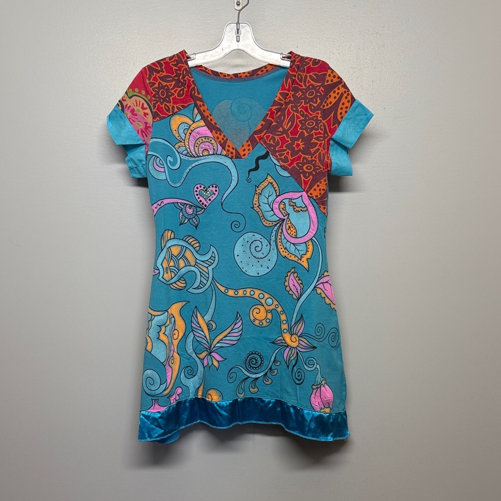 Bright Teal Fish Artsy Rhinestone Art Floral V-Neck Mini Dress